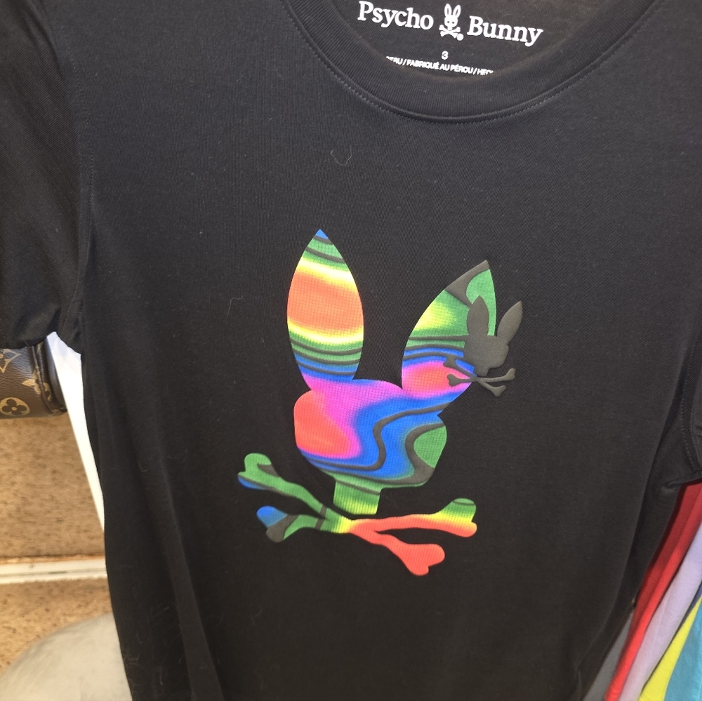Psycho Bunny Black Short Sleeve Tee with Multicolor Wavy Logo